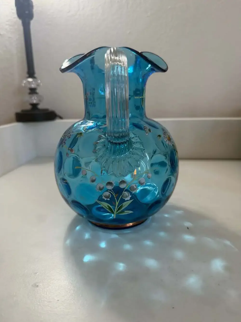 Vintage Hand-Blown Blue Art Glass Pitcher with Hand-Painted Floral Enamel Design